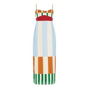 Cala de la Cruz Paloma Linen Midi Dress Rainbow Colorful Stripe Bengal Azul M